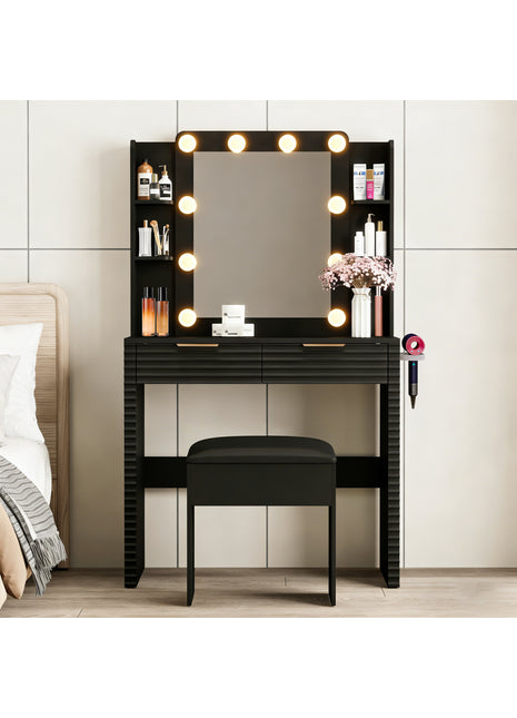 Makeup Vanity Desk with Hollywood Bulbs – Black Dressing Table with Charging Station & Storage Stool