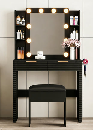 Makeup Vanity Desk with Hollywood Bulbs – Black Dressing Table with Charging Station & Storage Stool