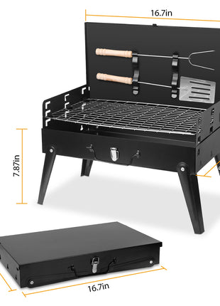 Portable Charcoal BBQ Grill Foldable Suitcase Camping Grill with Adjustable Heights for Outdoor Cooking