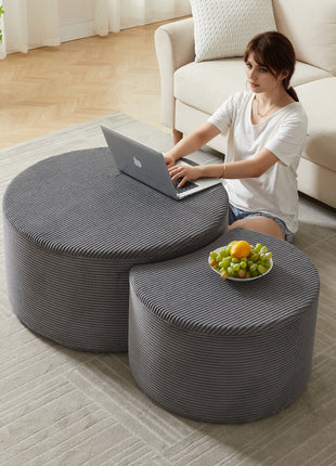 Upholstered Nesting Coffee Table Set of 2 – Round Corduroy Ottoman Coffee Tables