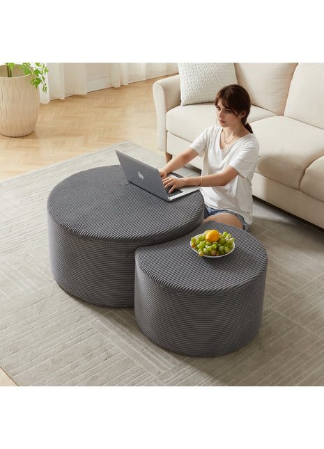 Upholstered Nesting Coffee Table Set of 2 – Round Corduroy Ottoman Coffee Tables