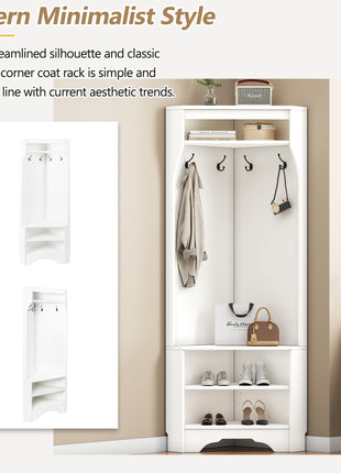 Corner Hall Tree with Shoe Bench & Coat Hooks – Space Saving Entryway Organizer