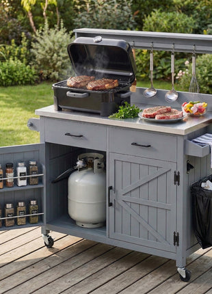 54.1" Outdoor Kitchen Island Cart with Stainless Steel Top, Storage Cabinets & High Shelf Hooks – Solid Wood BBQ Prep Table (Grey Blue)