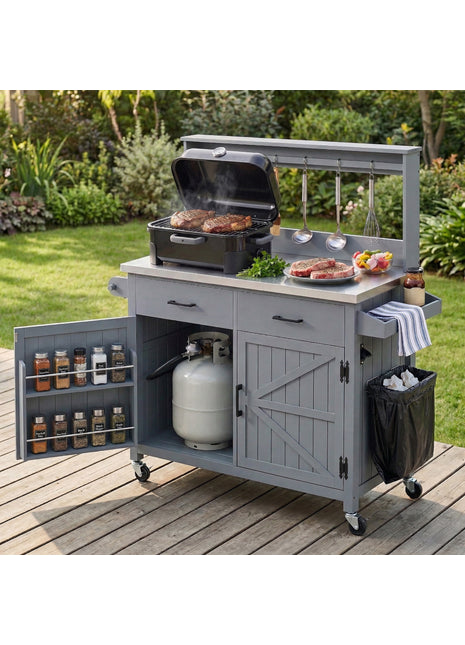 54.1" Outdoor Kitchen Island Cart with Stainless Steel Top, Storage Cabinets & High Shelf Hooks – Solid Wood BBQ Prep Table (Grey Blue)