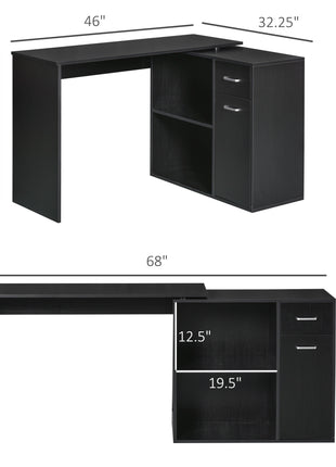 Likeshoppe L Shaped Computer Desk, 180° Rotating Corner Desk with Storage Shelves, Drawer and Cabinet, Study Workstation for Home Office, Black