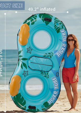 2PCS Inflatable River Floats with Cooler & Cup Holders – Oversized Float Tubes with Backrest