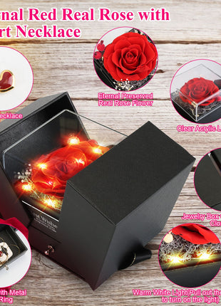 Preserved Red Rose with Heart Necklace – Eternal Real Rose Gift Box for Women