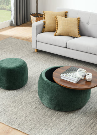 Round Storage Ottoman with Hidden Storage & Small Seat – 2-in-1 Upholstered Footstool and End Table (Green)