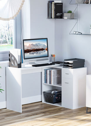 L Shaped Computer Desk, 180° Rotating Corner Desk with Storage Shelves, Drawer and Cabinet, Study Workstation for Home Office, White