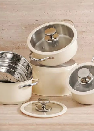 Likeshoppe 9-Piece Stainless Steel Ceramic Coated Cookware Set – Nonstick Pots & Pans with Glass Lids and Steamer