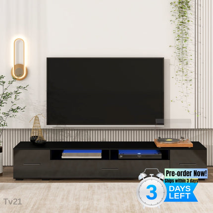 TV21- ON-TREND Extended, Minimalist Design TV stand with Color Changing LED Lights, Modern Universal Entertainment Center, High Gloss TV Cabinet for 90+ inch TV, Black - Likeshoppe 
