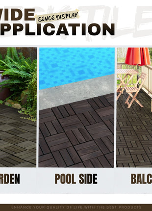 10 PCS Acacia Wood Interlocking Deck Tiles – 12" × 12" Checker Pattern Outdoor Patio Flooring for Balcony & Poolside