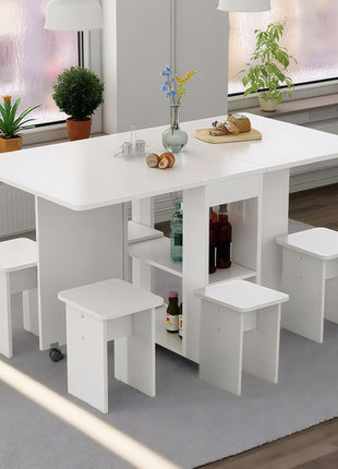 Likeshoppe Folding Drop Leaf Dining Table Set for 4 with Storage & Wheels – Space Saving White Table and Chairs for Small Spaces