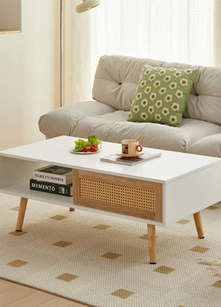 Likeshoppe 41.34 Inch Rattan Coffee Table with Sliding Door Storage