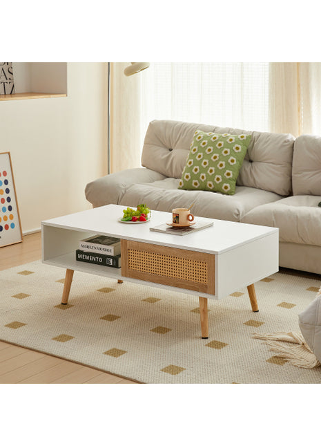 Likeshoppe 41.34 Inch Rattan Coffee Table with Sliding Door Storage
