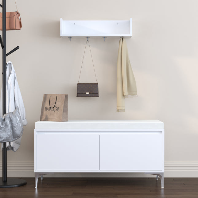 Wall Mounted Entryway Shelf with Hooks & Shoe Storage Bench – Modern Organizer