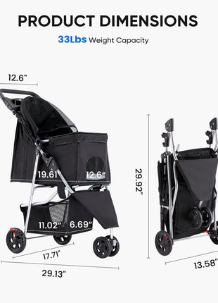 Foldable Pet Stroller for Cats & Dogs – Travel Cart with Storage Basket & Lockable Wheels