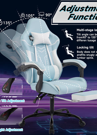 Ergonomic Gaming Chair with Footrest – Reclining Computer Desk Chair with Lumbar Massage Blue White