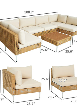 7 Piece Wicker Patio Furniture Set with Cushions & Acacia Wood Table