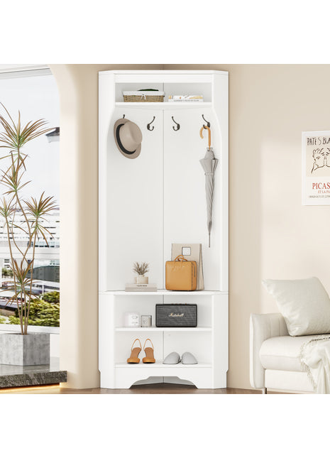 Corner Hall Tree with Shoe Bench & Coat Hooks – Space Saving Entryway Organizer