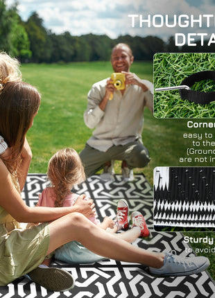 Reversible Outdoor Rug 8x10 Waterproof – RV Camping Patio Rug with Carry Bag Black & White Chain