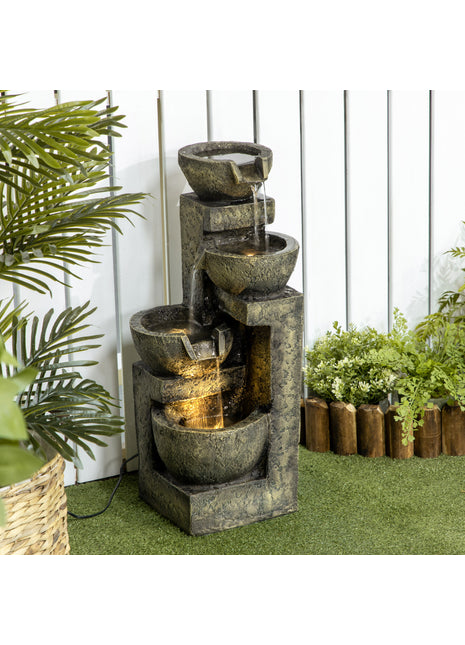 4-Tier Stone Bowl Outdoor Fountain with LED Lights – Small Zen Garden Waterfall Feature