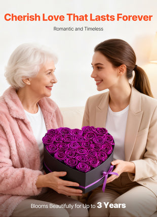 27 Preserved Purple Roses Heart Box – Forever Flowers Gift for Women Wife Mom Anniversary Valentine’s Day