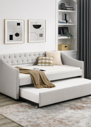 Likeshoppe Daybed with Trundle – Upholstered Mid-Century Sofa Bed with Button Tufted Back, Beige