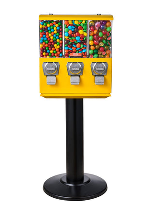 Vintage Gumball Machine Coin Bank – 3 Compartment Candy Dispenser Stand Yellow
