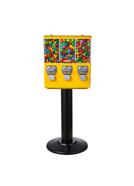 Vintage Gumball Machine Coin Bank – 3 Compartment Candy Dispenser Stand Yellow