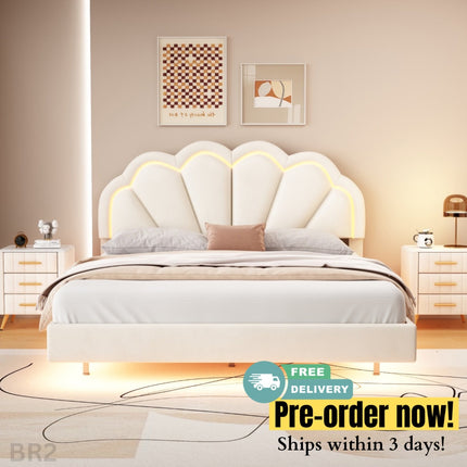 BR2- Queen Upholstered Smart LED Bed Frame with Elegant Flowers Headboard,Floating Velvet Platform LED Bed with Wooden Slats Support - Likeshoppe 