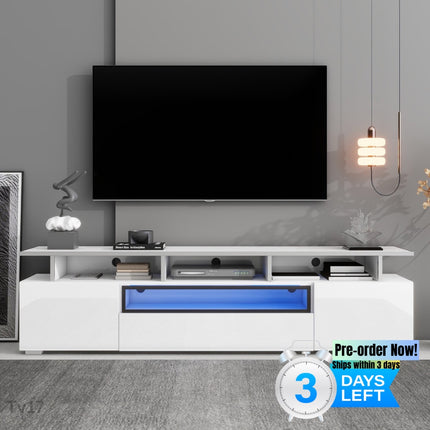 TV17- ON-TREND Modern TV Stand with Push to Open Doors, UV High-Gloss Entertainment Center with Acrylic Board for TVs Up to 80", Stylish TV Cabinet with LED Color Changing Lights for Living Room, White - Likeshoppe 