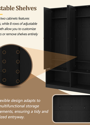 Farmhouse Hall Tree with Rattan Doors – Entryway Bench with Shoe Storage