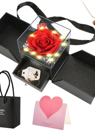 Preserved Red Rose with Heart Necklace – Eternal Real Rose Gift Box for Women