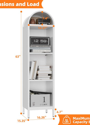 Arched Metal Display Bookcase with Glass Doors – Modern Storage Cabinet with Adjustable Shelves