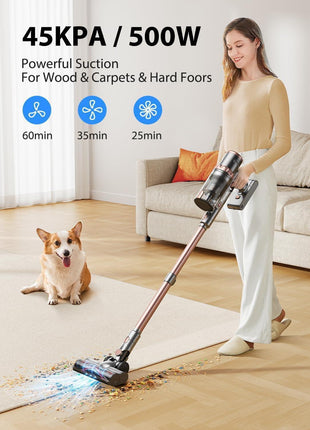 Powerful 45KPa cordless vacuum cleaner with LED display, 500W motor, 60-minute runtime, HEPA filtration, and large 1.8L dust cup—perfect for pet hair and everyday home cleaning.