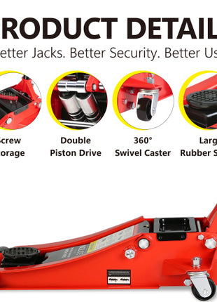 3 Ton Hydraulic Floor Jack Low Profile – Dual Piston Quick Lift Racing Jack (3.3”–18.5”) for Cars, Trucks & SUVs