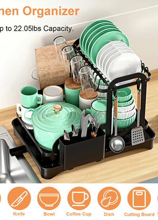 2-Tier Dish Drying Rack with Drainboard – Large Capacity Kitchen Dish Rack with Utensil Holder & Auto Drain System
