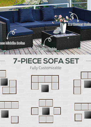 7-Piece Outdoor Wicker Patio Furniture Set – Sectional Sofa with Cushions & Glass Coffee Table