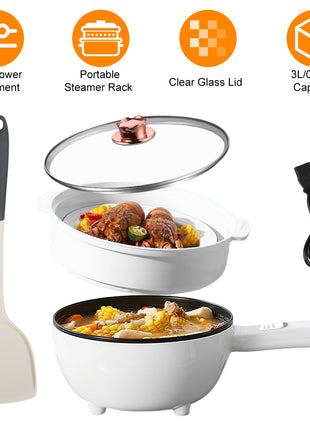 Likeshoppe Electric Hot Pot with Steamer – 3L Portable Non-Stick Cooker with Dual Power Control for Dorm, Apartment & Travel Cooking