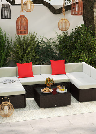Likeshoppe 7 Piece Outdoor Rattan Sectional Sofa Set with Cushions & Glass Table – Modular Patio Furniture for Backyard, Garden & Outdoor Seating