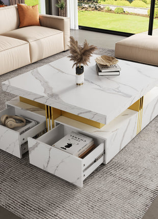 Modern White Square Coffee Table with 4 Drawers – Luxury Living Room Storage Table