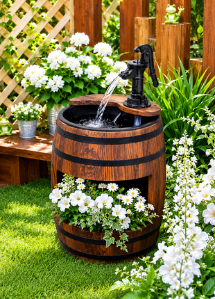 LIKESHOPPE 23" Rustic Wooden Water Pump Fountain – Outdoor Barrel Water Feature with Planter