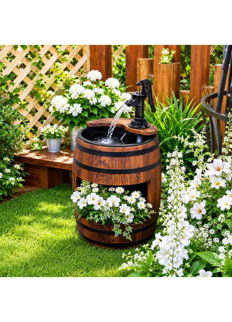 LIKESHOPPE 23" Rustic Wooden Water Pump Fountain – Outdoor Barrel Water Feature with Planter