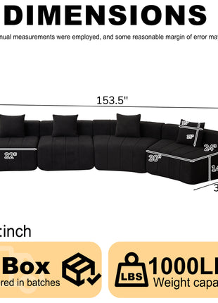 Likeshoppe Curved Modular Chenille Sectional Sofa – Black 4-Seat Cloud Couch with Pillows for Modern Living Room