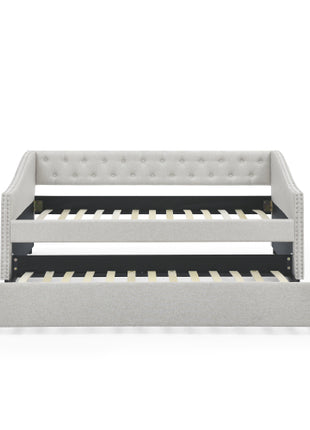 Likeshoppe Daybed with Trundle – Upholstered Mid-Century Sofa Bed with Button Tufted Back, Beige