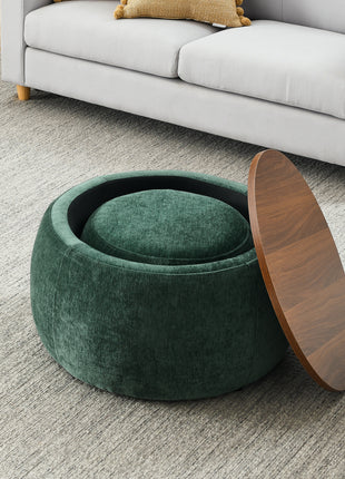 Round Storage Ottoman with Hidden Storage & Small Seat – 2-in-1 Upholstered Footstool and End Table (Green)