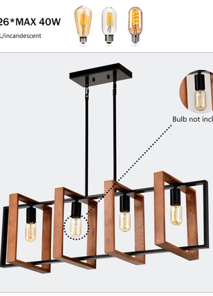 Likeshoppe Farmhouse Kitchen Island Pendant Light – 36" Rustic Wood & Black Metal 4-Light Dining Room Chandelier