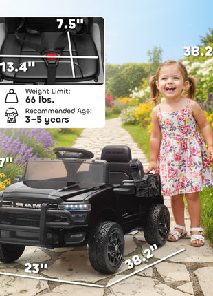 12V Kids Ride on Car, Licensed Dodge RAM 3500 Ride on Toys with Dual Motors, Remote Control for Toddlers, Black