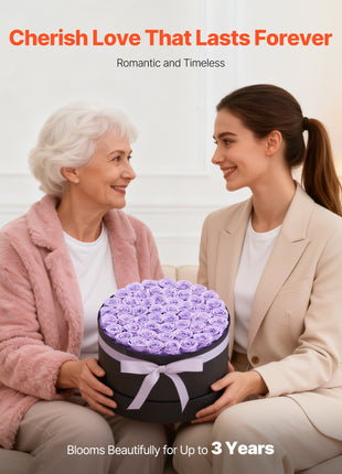 50 Preserved Roses Lavender Purple Round Box – Forever Flowers Gift for Women Wife Mom Anniversary Valentine’s Day